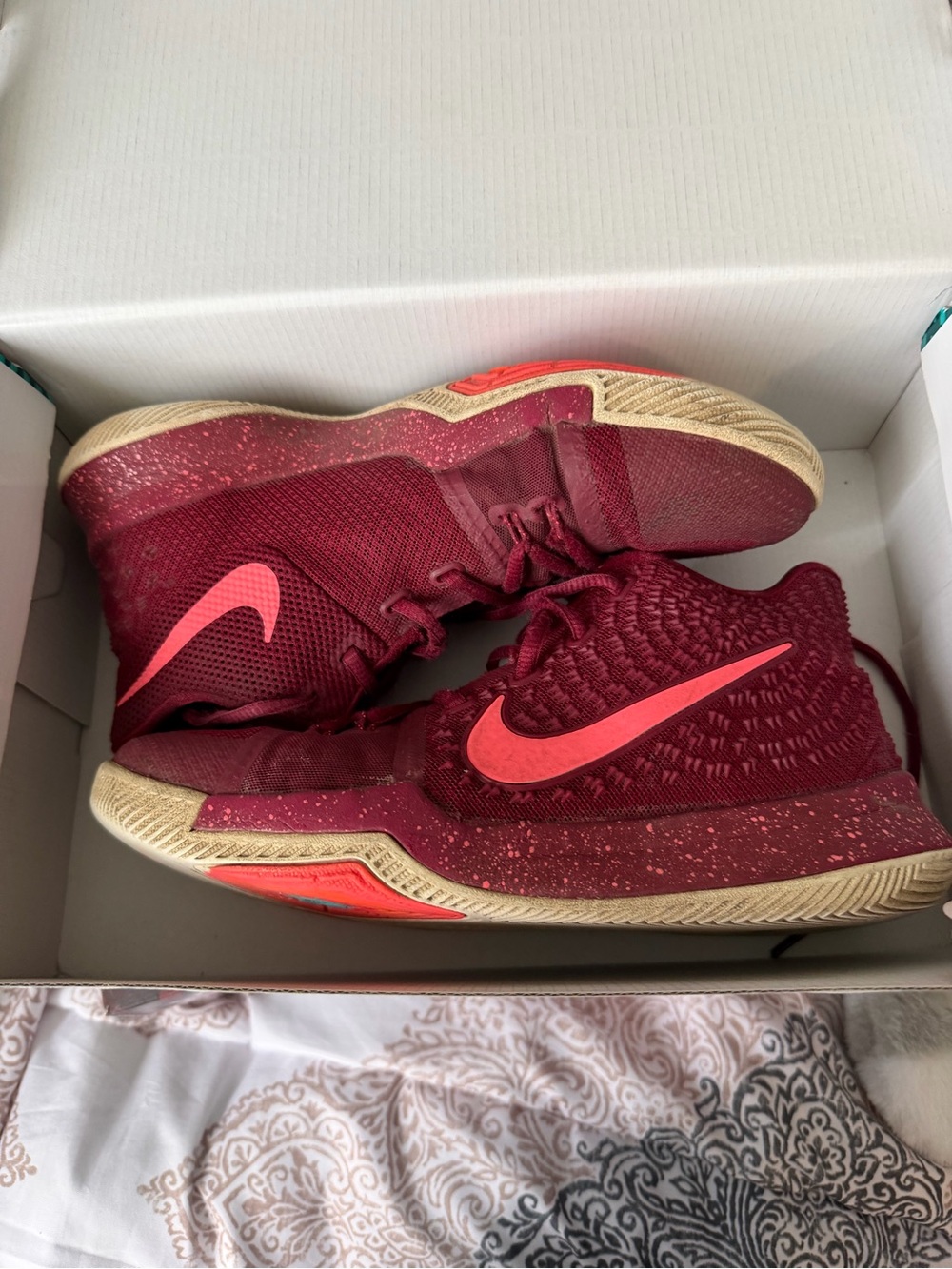 Nike Kyrie 3 (GS) Youth Basketball Shoes in Red and Teal Accents